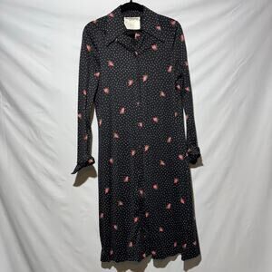 Vintage Diane Von Furstenberg Black Rose Polkadot Midi Dress Button Up FLAWED 14